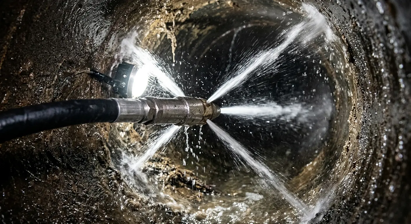 High-pressure hydro jetting nozzle cleaning sewer pipe for Storm Drain Cleaning in Lafayette