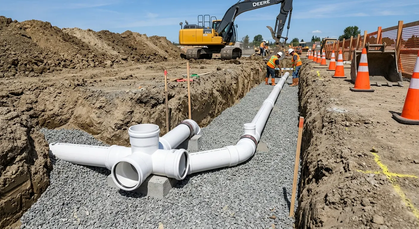 New PVC sewer pipe installation in open trench for Sewer Backup in Lafayette